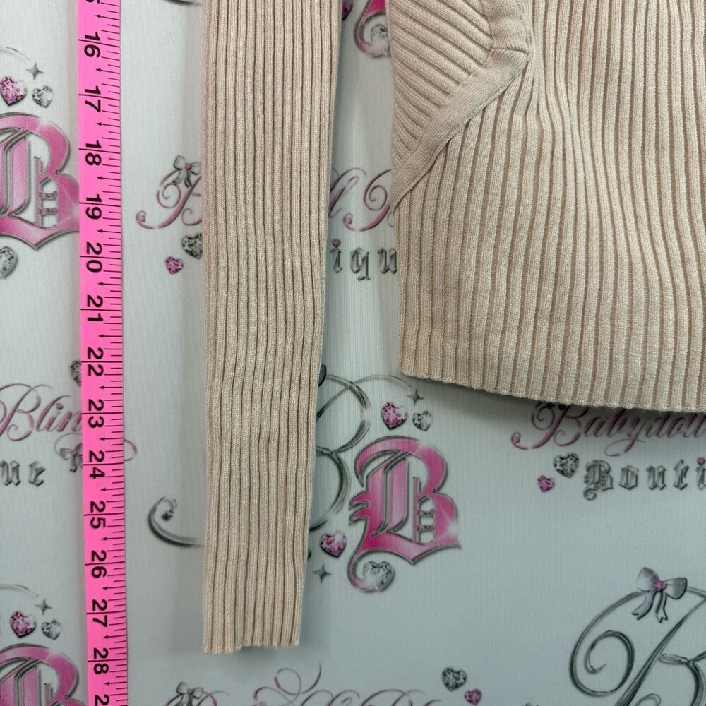 bebe long sleeve Swarovski Beige Ribbed Open cut out front Long Sleeve Top - Picture 6 of 13